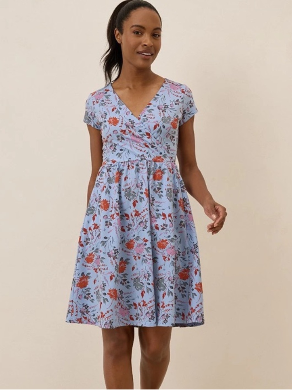 PACT organic Floral V-Neck Fit & Flare Dress in Light Blue XS